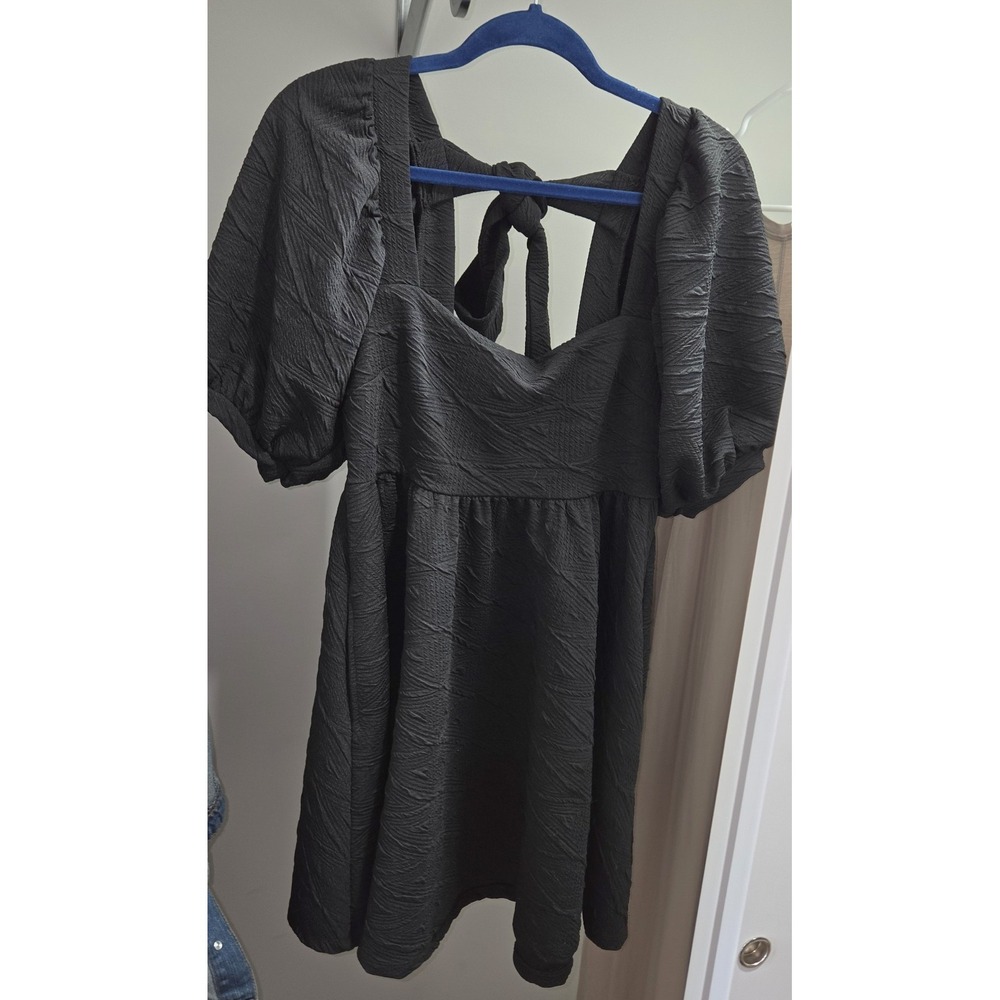 Free People Violet Mini Dress  Square Neck Puff Sleeve Tie Bow Knit. Black. Med